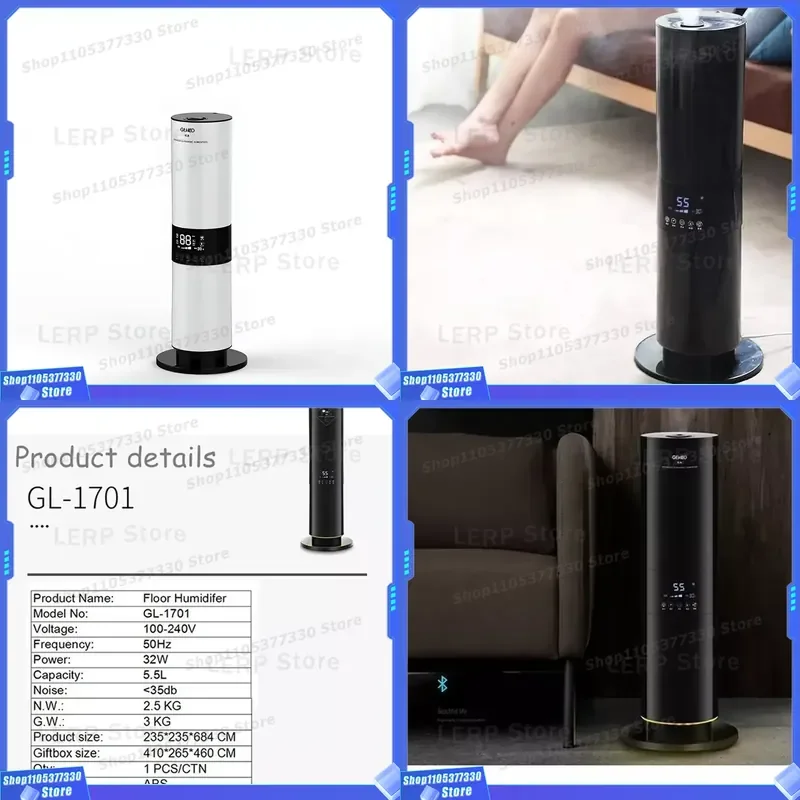 6L Large Capacity Floor Standing Humidifier with Remote Control and LED Touch Screen Active Filter Plastic Home Air