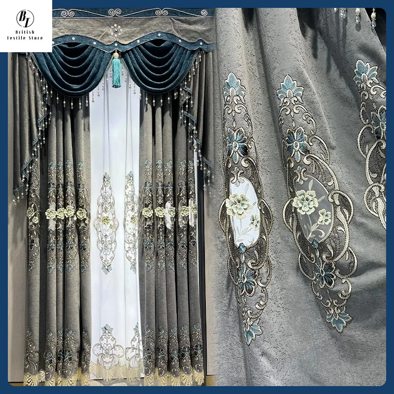 

Custom Size European Gray Thickened Hollow Embroidery Luxury Curtains for Living Room Bedroom Dining Tulle Valance Blackout
