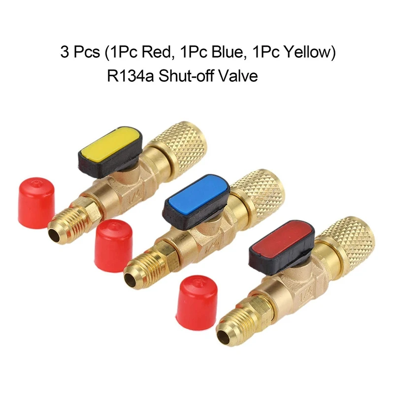 3Pcs/Set Brass R410A Refrigerant Straight Ball Valves AC Charging Hoses Brass 1/4 Inch Male To 1/4 Inch / 5/16 Inch Female SAE V