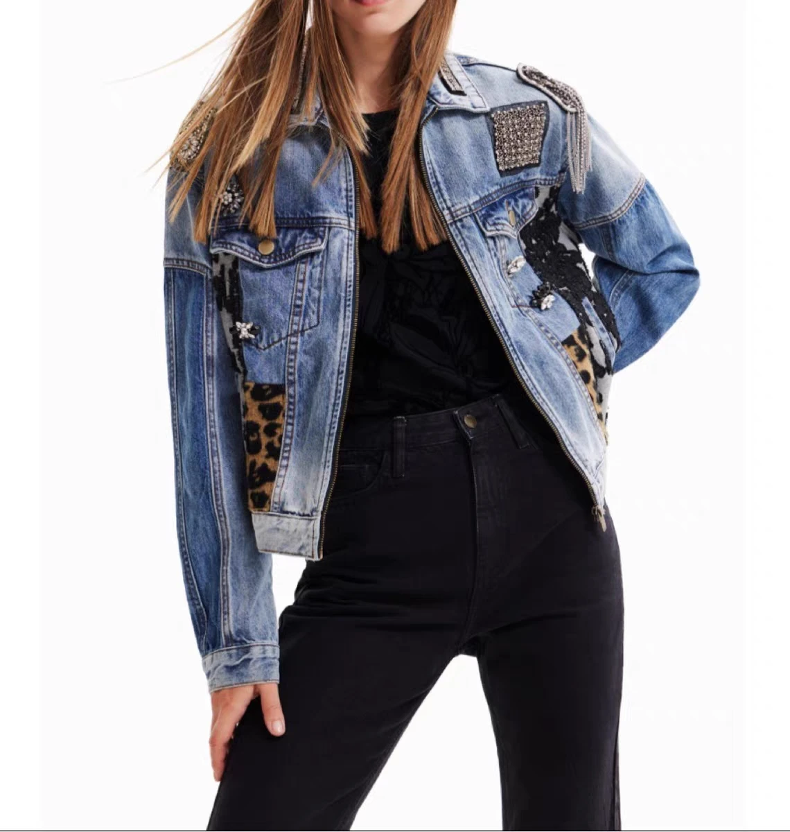 Foreign trade original single Spanish new leopard patch stitching bead denim coat