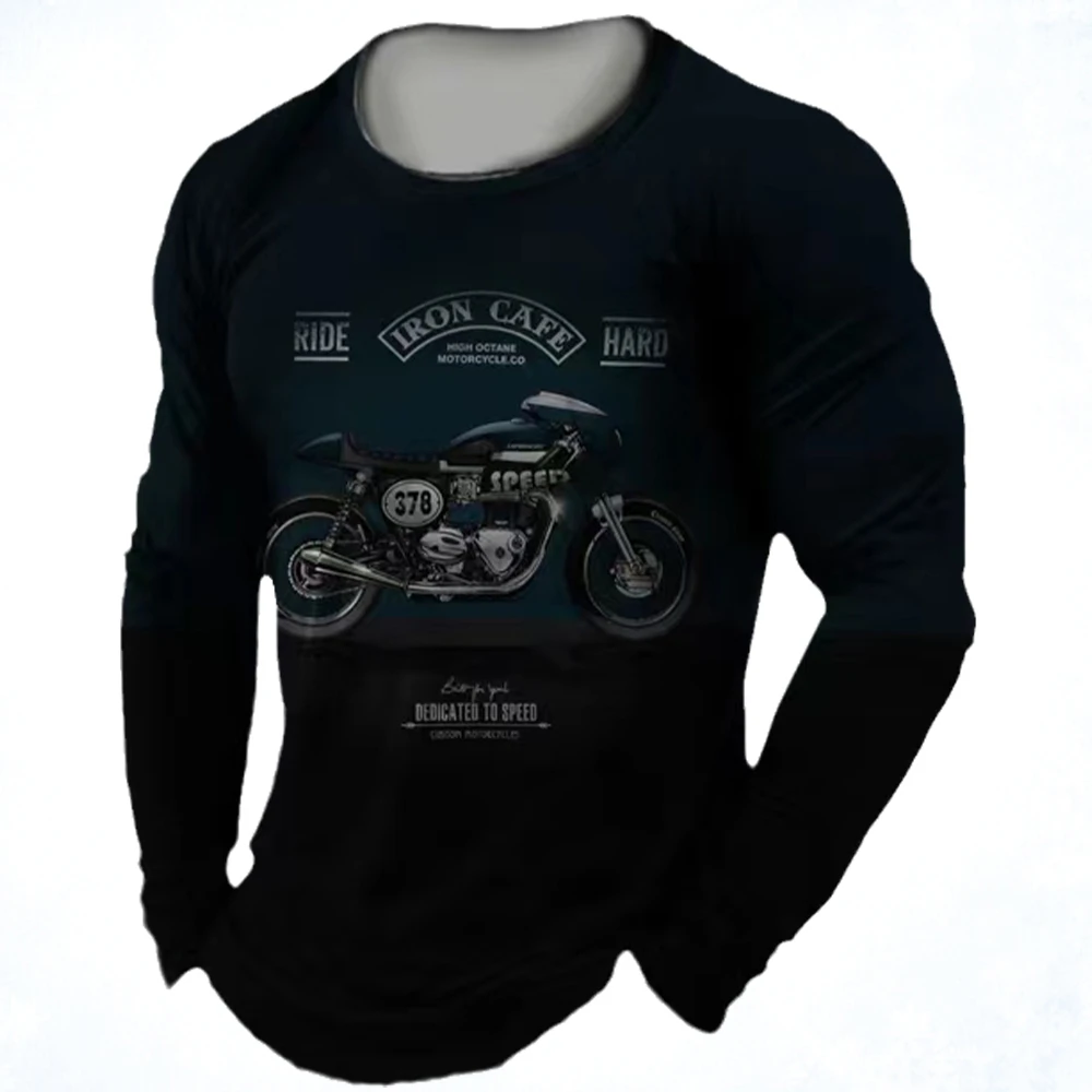 Men\'s Vintage Clothing Long Sleeve Top 3d Printed Motorcycle Pattern Black T-Shirt Simple Casual Round Neck Oversized Top