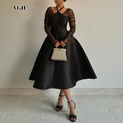 VGH Elegant Spliced Mesh Slimming Dresses For Women Halter Long Sleeve High Waist Temperament Tunic Dress Female Fashion Style