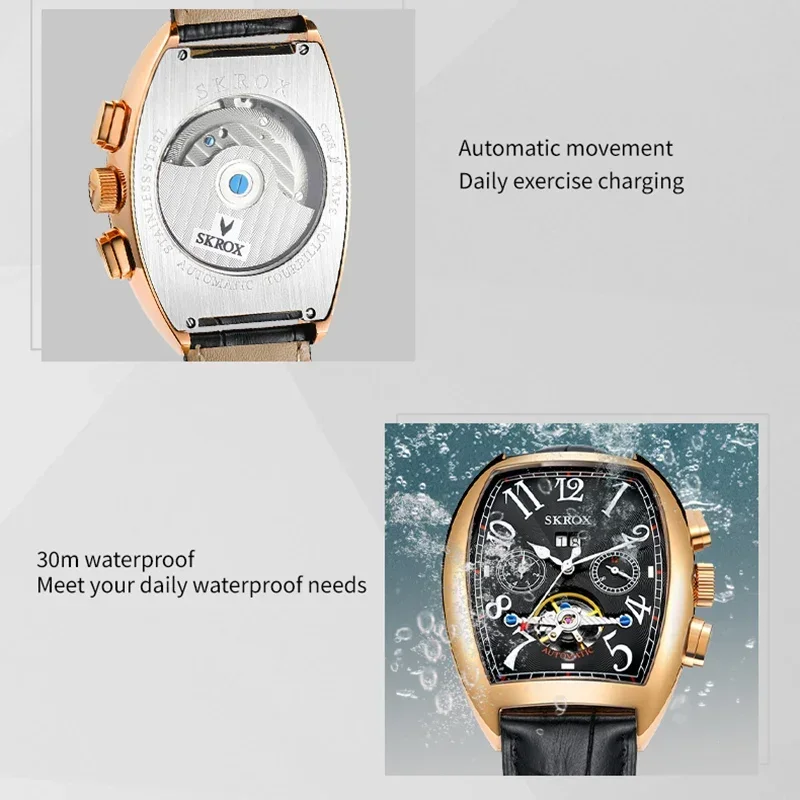 SKROX Shanghai movimiento automático Tourbillon Tonneau marcas de lujo reloj de hombre relojes de pulsera mecánicos para hombre reloj con correa de cuero