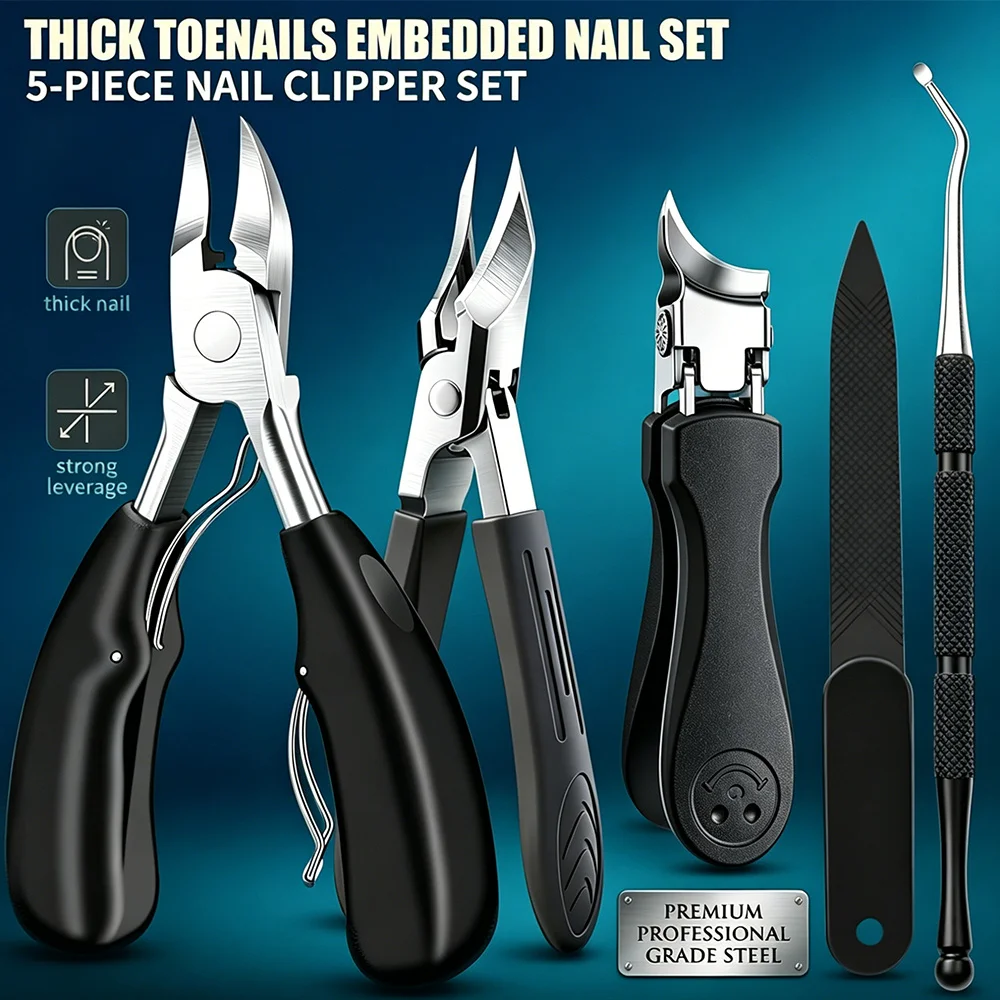 1/5-teiliges Set für eingewachsene Zehennägel aus Edelstahl, Nagelhautzange, robuste Nagelzange, Nagelfeile, Nagelhautschieber, Maniküre-Set