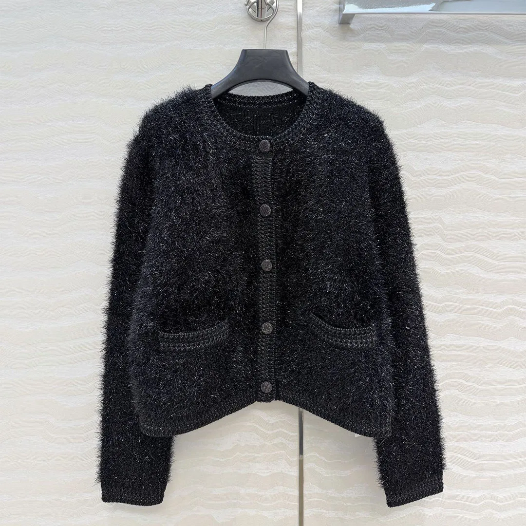 

New Autumn Black Mohair Knit Cardigan Sweater Women O-neck Single Breasted Pockets Casual Warm Knitwear