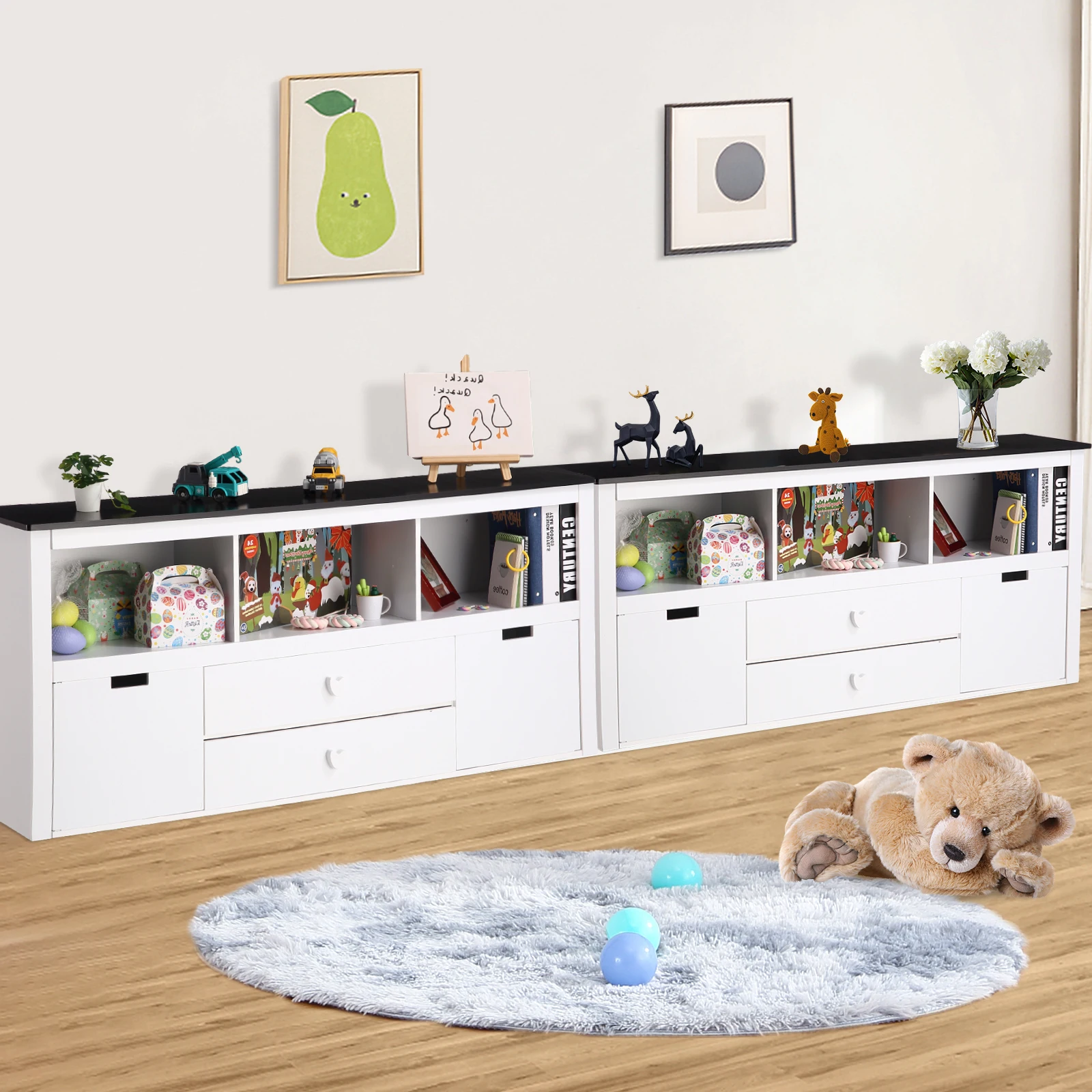 Kids Bookshelf and Toy Storage with Movable Drawers & Blackboard Top - White Organizer for Bedroom Playroom Nursery Kindergarden