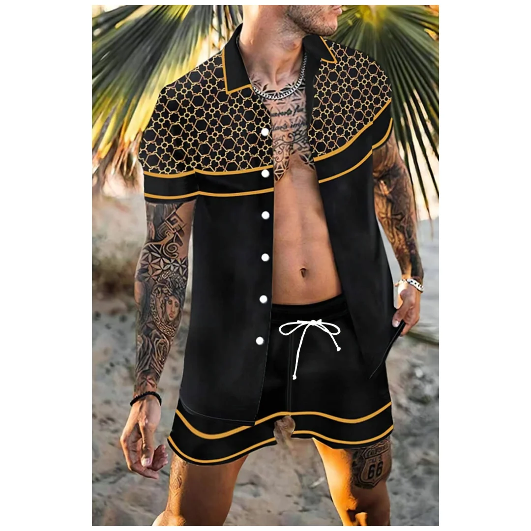 Men's Shirt 2 Piece Sets Summer Short Sleeve Shirts Beach Shorts Buttons Stand-up Collar Drawstring Trunks Suits Men's clothing