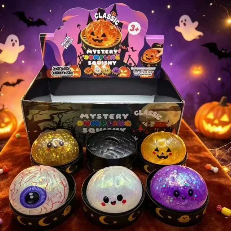 Jouet sensoriel anti-stress à presser en forme de dumpling, série Halloween, à remontée lente, boîte surprise, cadeau relaxant pour soulager l'anxiété