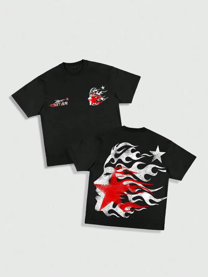 

220G Pure Cotton T-shirt 1PC Hell Star Print Men's Round Neck Short-sleeved Cotton T-shirt Casual Summer Short-sleeved Women