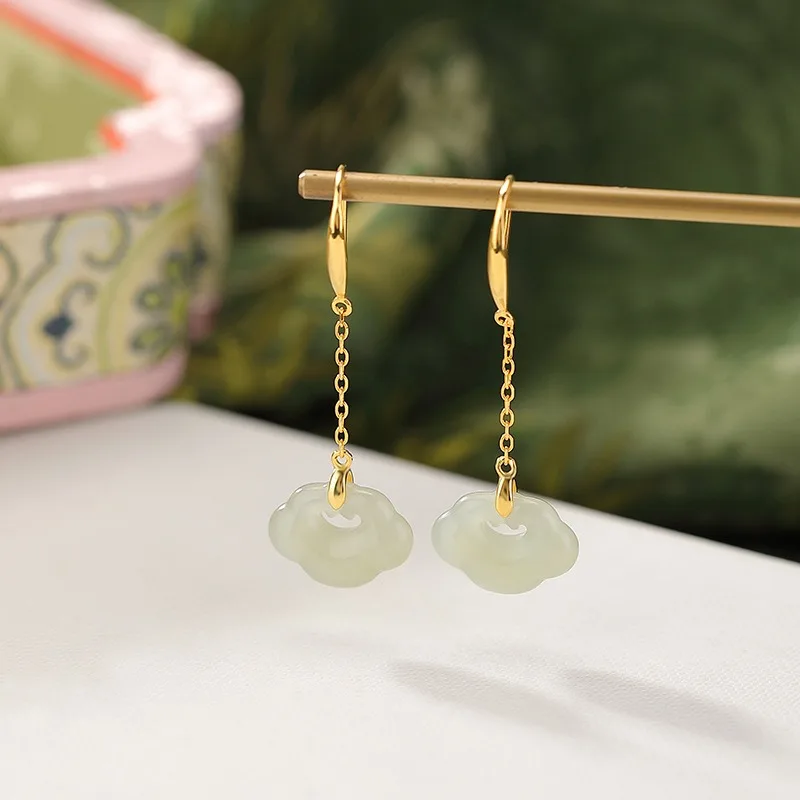 

TIMESWIND Light Green Natural Hetian Jade Ruyi Pendant Women S925 Earrings with Certificate