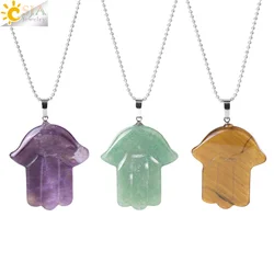CSJA Natural Crystal Necklace Stone Lucky Fatima Hamsa Hand Pendant Amethysts Pink Quartz Spiritual Healing Stones Jewelry H095