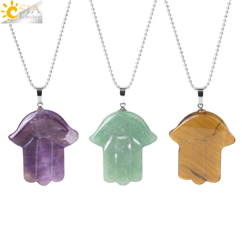 CSJA Natural Crystal Necklace Stone Lucky Fatima Hamsa Hand Pendant Amethysts Pink Quartz Spiritual Healing Stones Jewelry H095