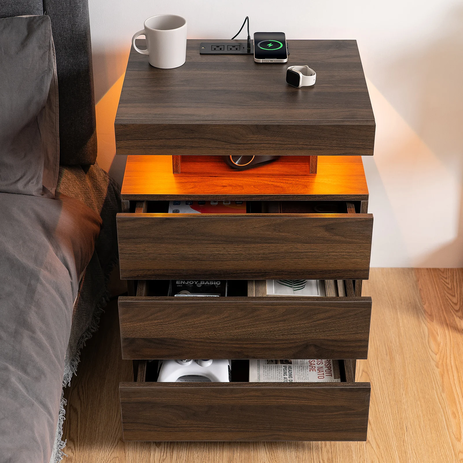 Nightstand with Wireless Charging & 3 Drawers Bedroom End Table Storage Cabinet