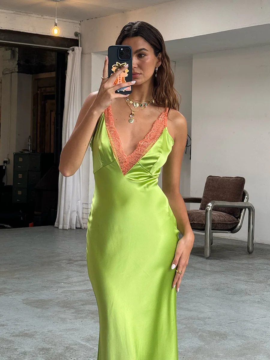 Bornladies-maxivestido camisola de encaje para mujer, vestido largo con textura satinada y ribete de encaje, Sexy, con escote en V profundo, ajustado, novedad de verano 2026