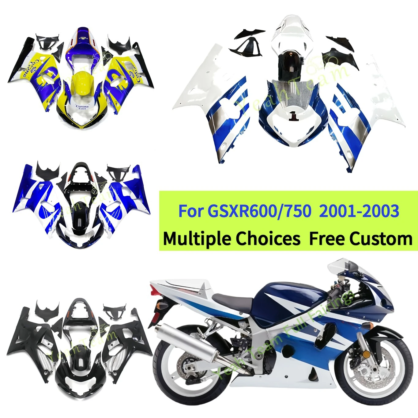 Kit de carenados de plástico aptos para GSX R 600 GSX R 750 K1 K2 2000 2001 2002 2003 GSX-R 600 GSX-R 750 01-03 kit azul blanco