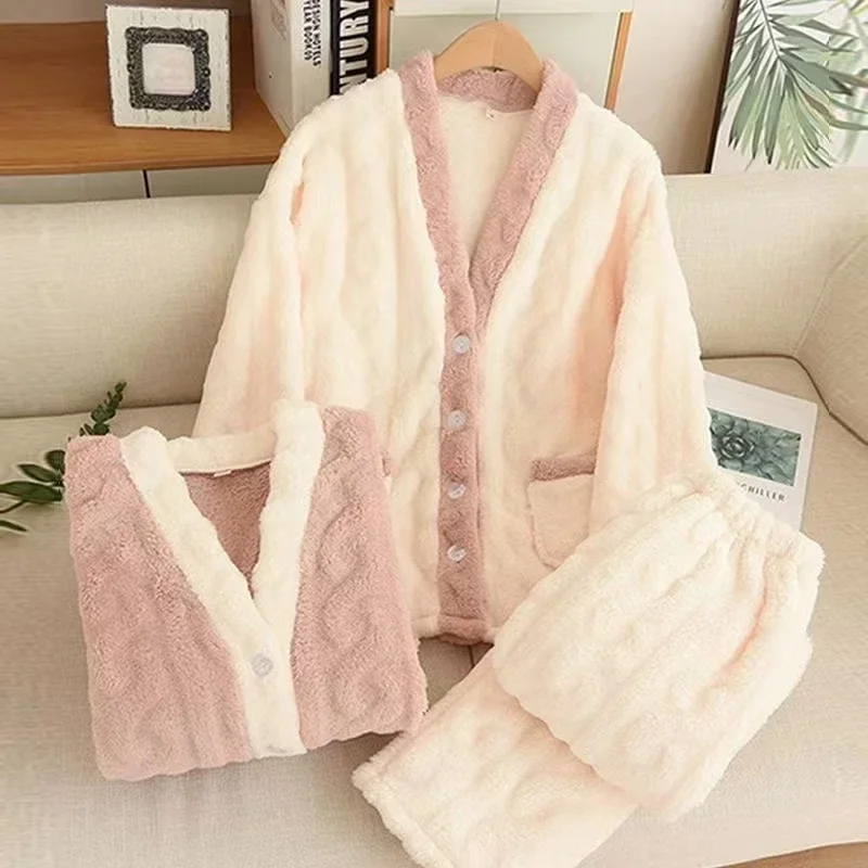 Women Pyjamas Sets Autumn Winter Warm Flannel Thick Buttons Cardigan Homewear Long Sleeve Rest Sleepwear Female Pajamas 2 Piece