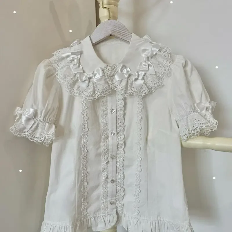 Japanse Kawaii Lolita Blouses Vrouwen Zoete Boog Ruches Katoenen Top Zomer Meisjes Preppy Stijl Bladerdeeg Korte Mouw Leuke Shirts