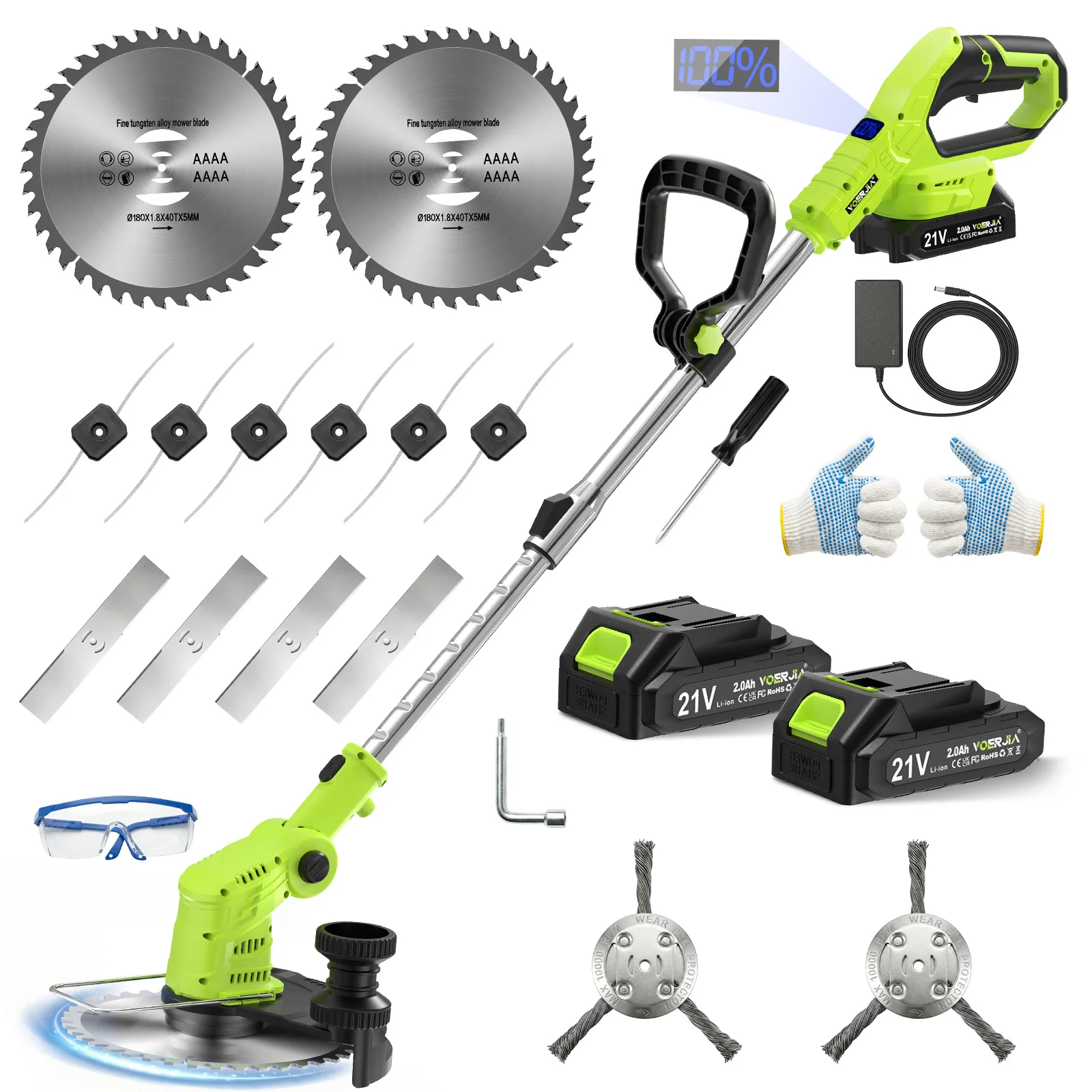 VOERJIA 21V Akku-Rasentrimmer 850W Max 24000 U/min Freischneider mit LCD-Batterieanzeige, Rädern, 2x2,0Ah Batterien, Mehrfachkopf für Rasen und Garten