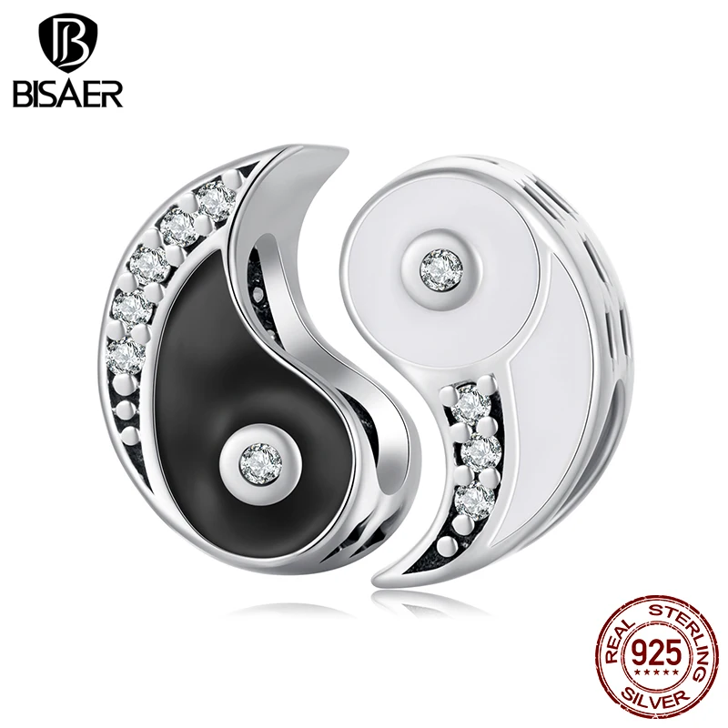 BISAER 925 Sterling Silver Taiji-Bagua Yin & Yang Enamel Process Bead for Women DIY Bracelet & Necklace Fine Jewelry Gift