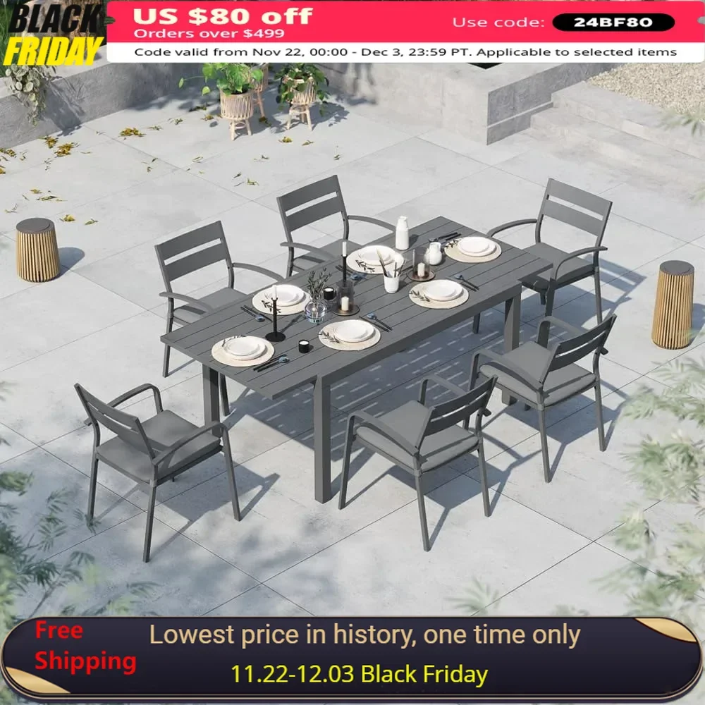 

7-Piece Outdoor Patio Dining Set, 6 Stackable Chairs with Gray Removable Cushions,Aluminum Expandable Outdoor Dining Table Set