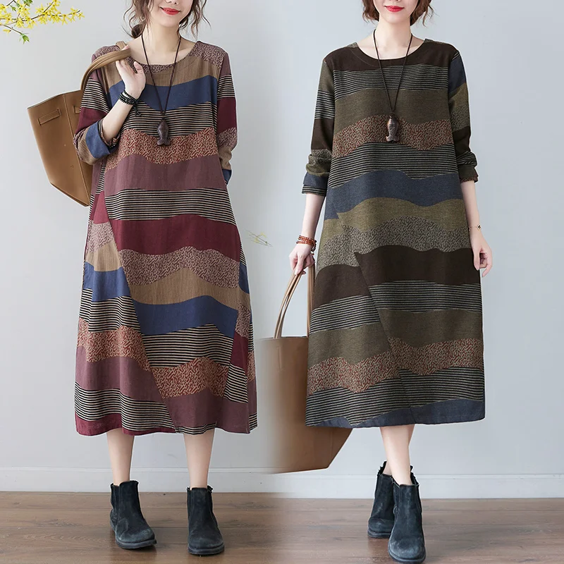 

Plus Size Retro Loose plus Size Women's Dr New Sle Cotton Linen Print Long Skirt Cover Belly Button A-Line Midi Dr