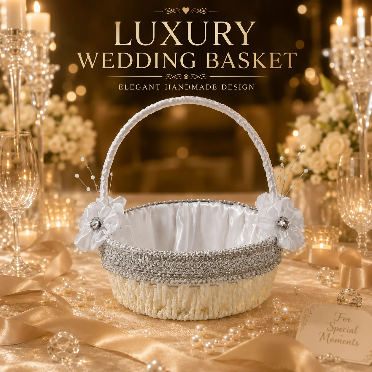cesta-elegante-para-dama-de-honra-com-renda-prateada-flores-de-tecido-e-adornos-de-strass