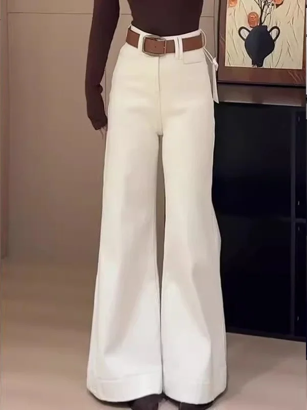 High Waist Wide Leg Casual Bell Bot Pants Women's White Jeans Loose Drapey Comfortable Spring Autumn Season Denim Trousers