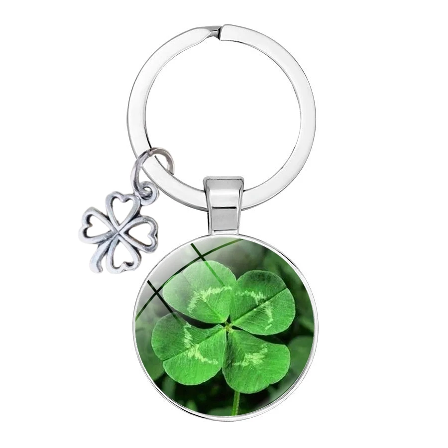 Porte-clé trèfle à quatre feuilles porte-bonheur, pendentif en métal, Photo artistique, verre, cristal, sac à main pour femmes, pendentif porte-bonheur, bijoux cadeau à la mode