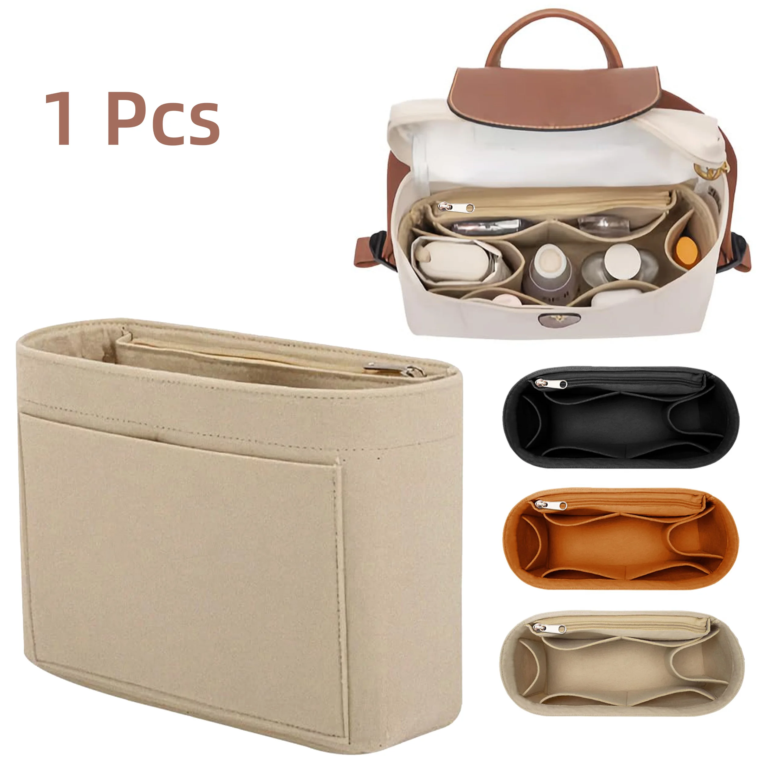 Image of Filz-Taschenorganizer mit Mehreren Fächern, Taschen-In-Taschen-Einsatz für Handtaschen & Rucksäcke, Reise-Kosmetik-Aufbewahrungstasche