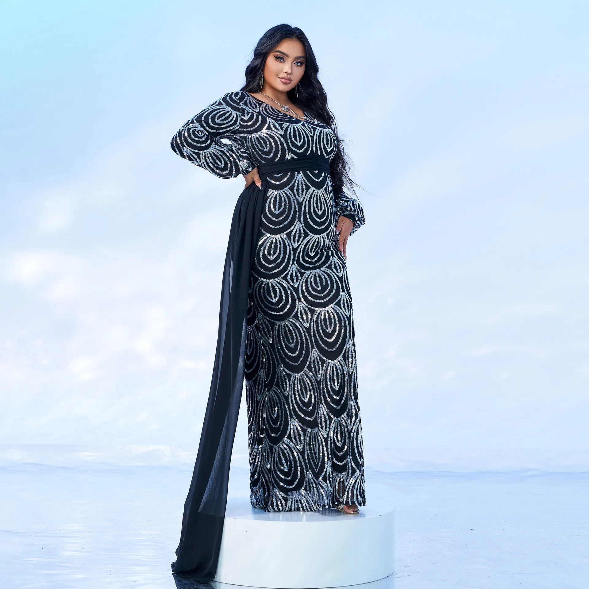 plus Size Long Sve V-Ne Evening Dr Sparkling Tie Belted Maxi Dr Formal Gown Women's plus Size Clothing