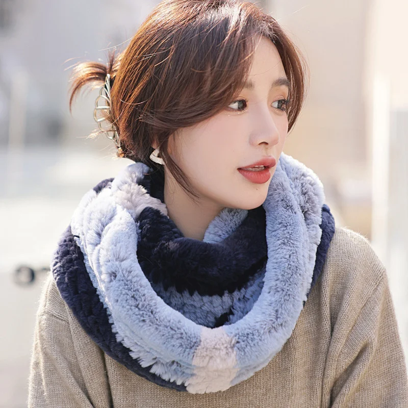 Winter Women's Rex Rabbit Fur Scarf Neck Thickened Woven Colorful Scarves For Ladies Genuine Rex Rabbit Fur Scarf Neckerchief