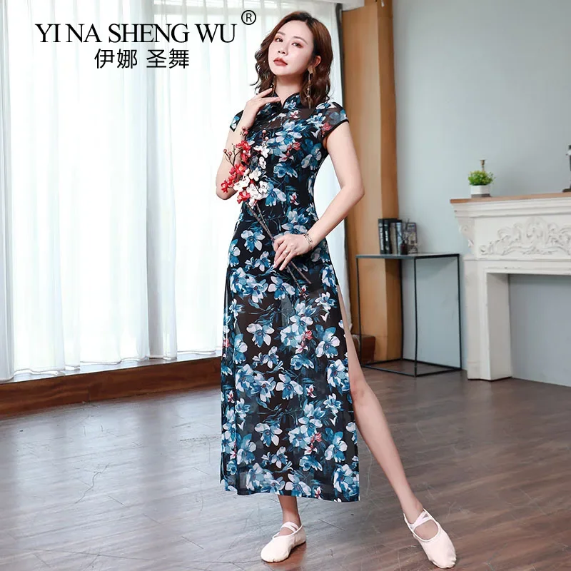 

Классический танец с короткими рукавами и принтом, сексуальный Cheongsam с высоким разрезом, танцевальный групповой костюм для выступлений, костюм для выступлений с высоким воротником