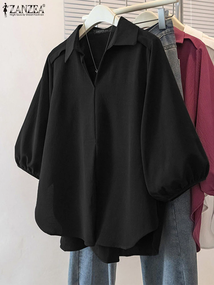 

ZANZEA Women Asymmetrical Blouse 3/4 Lantern Sleeve Solid Color Tops Fashion Turn-Down Collar Casual Tunic Summer Pullover Blusa