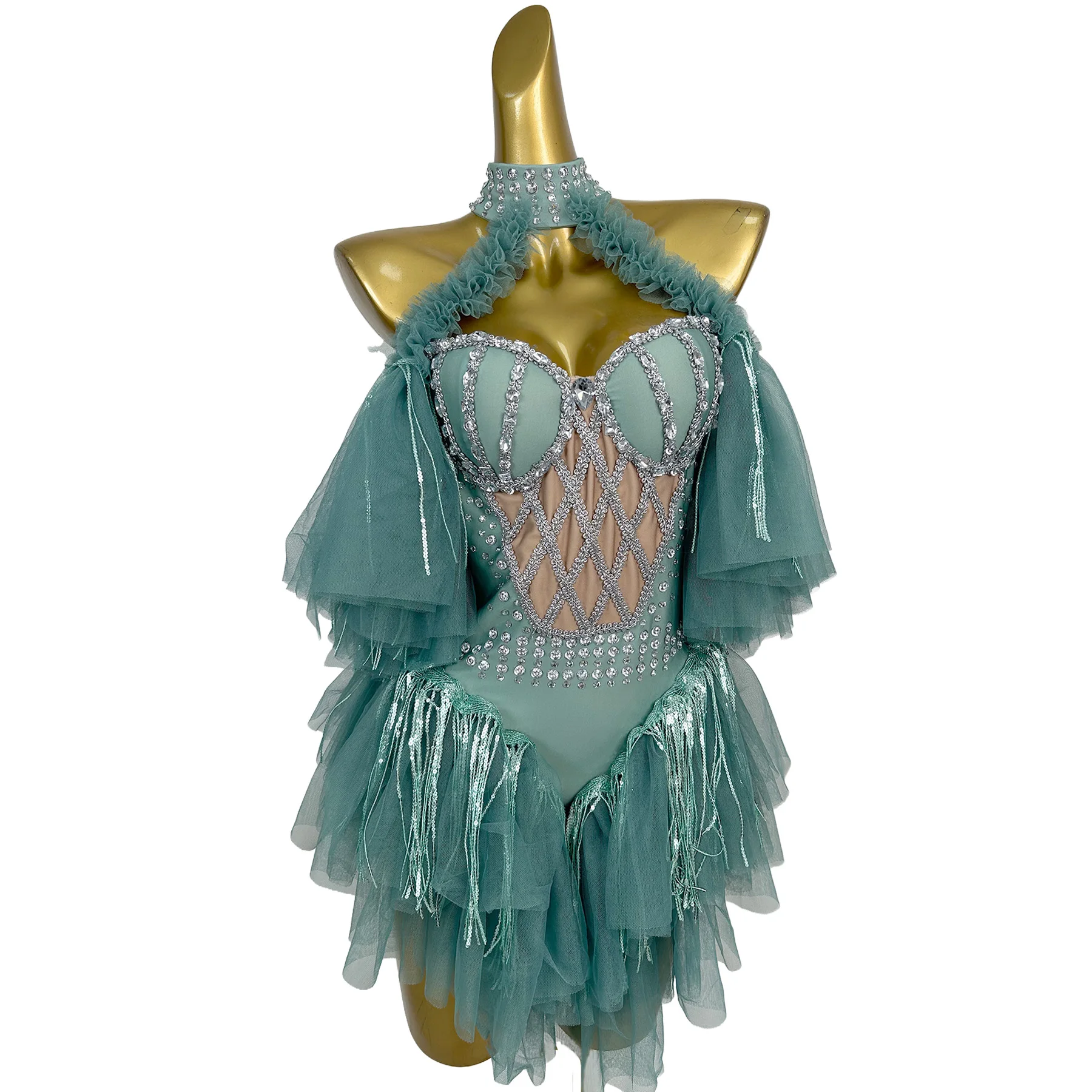 Bibo Body de malla con pedrería verde menta brillante, cuello halter, volantes de tul y flecos, atuendo para actuaciones en discotecas