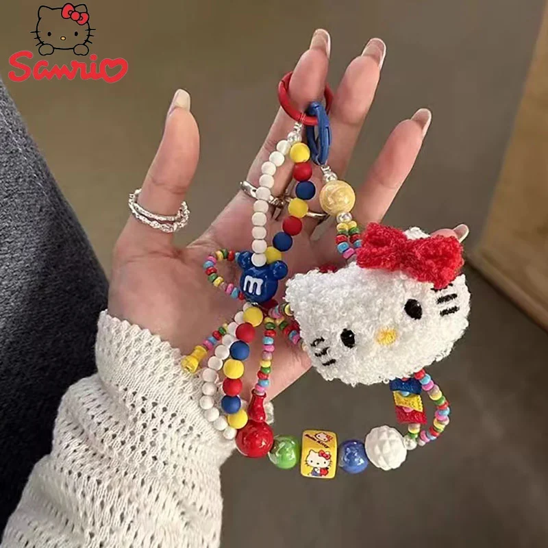 Sanrio Hello Kitty Colorful Beaded Keychain Kawaii Cartoon Plush Phone Strap Wrist Strap Backpack Pendant Decoration Girl Gifts