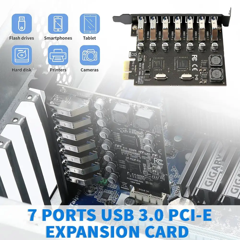 

7 Ports USB 3.0 PCI-E Expansion Card Adapter 5Gbps PCIe USB 3.0 Hub Controller Adapter PCI-E Extender for Desktop PC