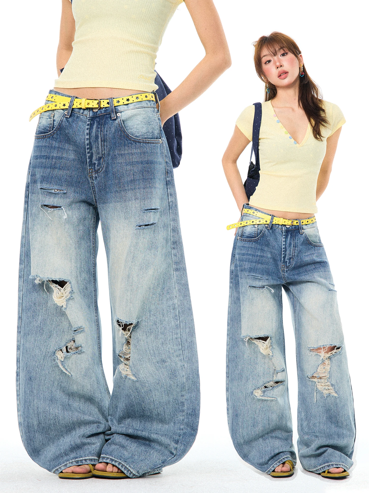 

American Sle Vintage Waed Ripped Knife Jeans Women Loose Street Old Faioned Floor-Length Pants Casual Warm