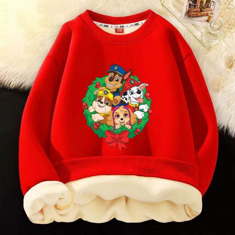 PAW Patrols Christmas Thickened Fleece-lined Kid Boy Sweatshirt Chase Skye Cute Without Hoodie Warm Pullover Winter New Year Red