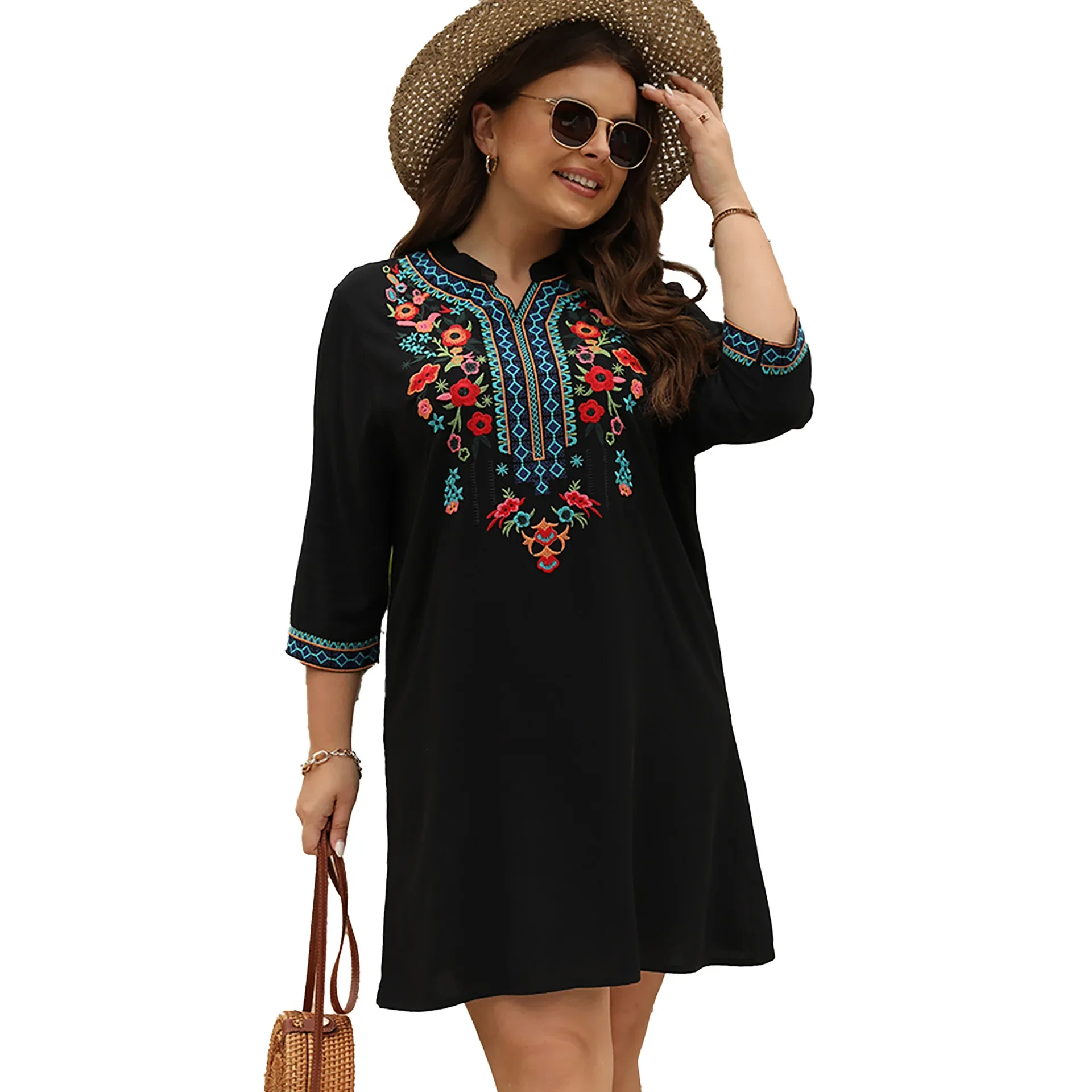 Eaeovni Boho Embroidered Dress for Women Tradition Mexican Peasant Dresses Bohemian Skirts Plus Size Hippie Casual Tunic