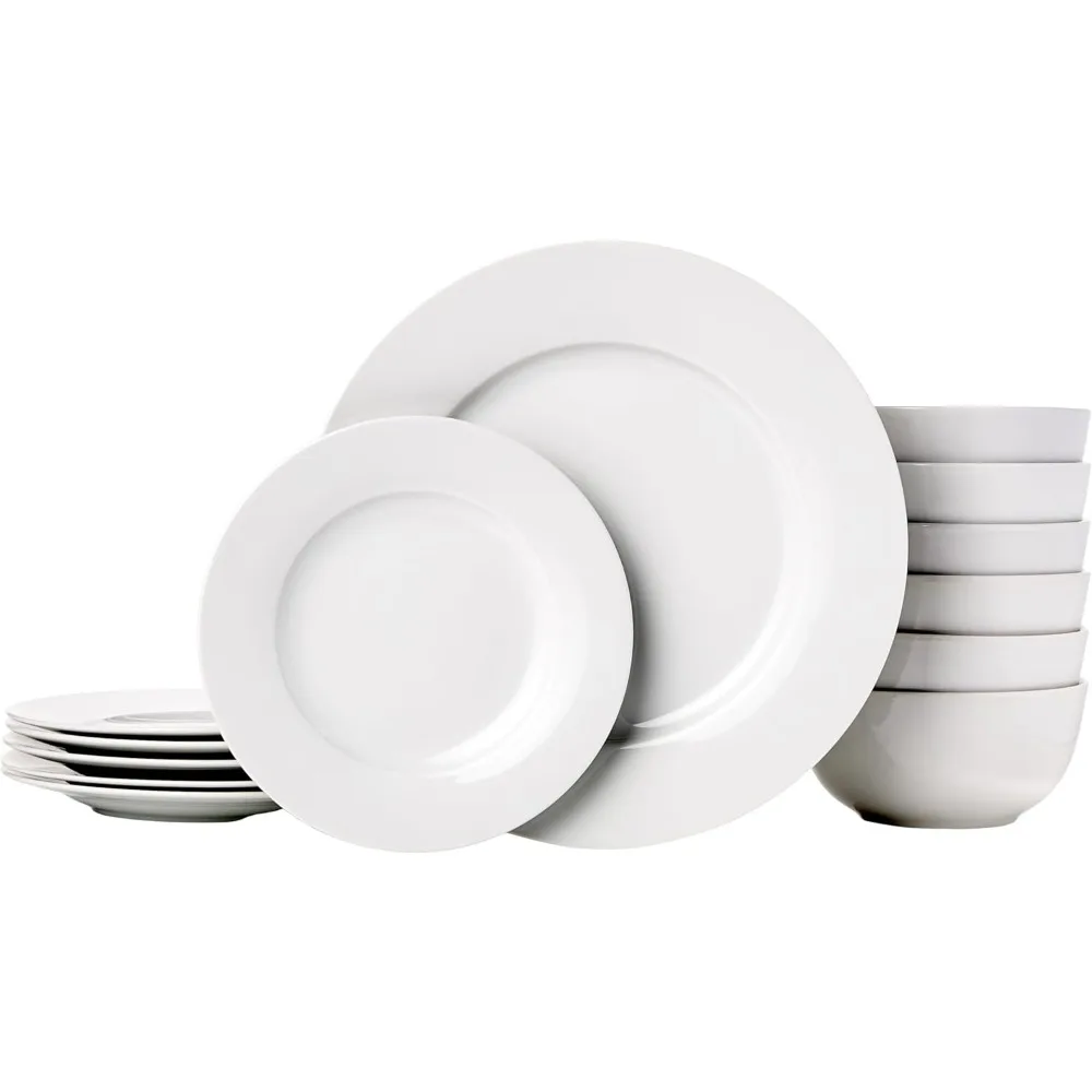 

kitchen dinnerware set, microwave and dishwasher safe, plates, bowls, service for 6, 18-piece, white