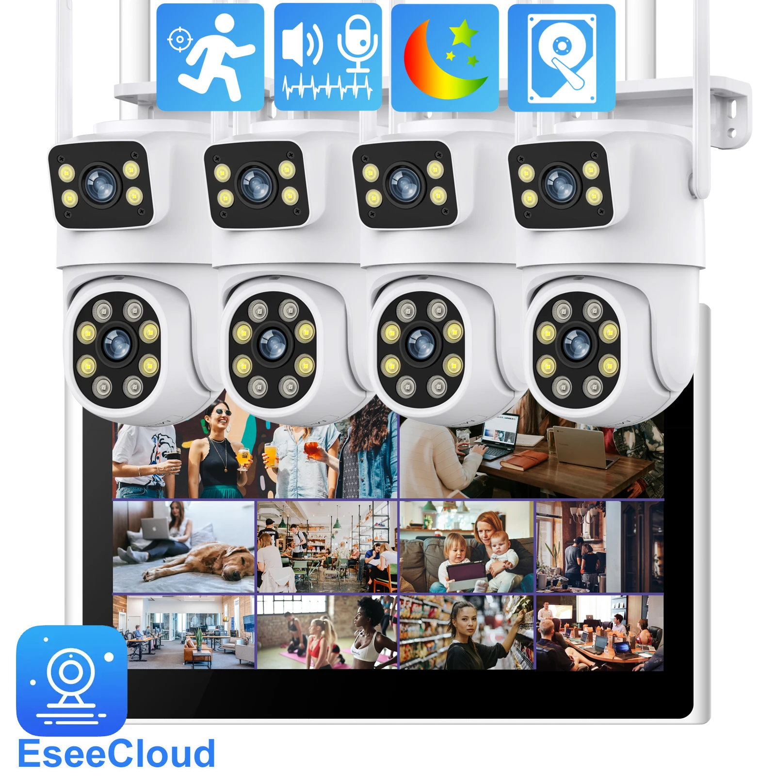 

WiFi PTZ Security Auto Track Camera System 10CH 10.1" Screen NVR Kit Monitor P2P Intercom Audio Home Surveillance CCTV Set