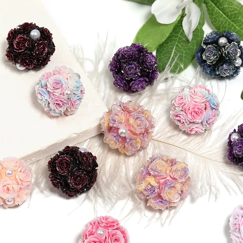 Newest Assorted Colors Simulation Glitter Rose Flower Decorated Floral Jewelry Beads Fit Bracelet Necklace Earrings 22mm 20pcs