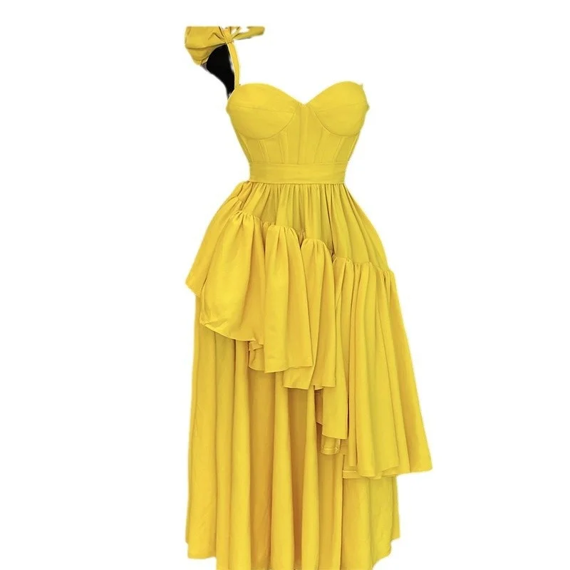 Gouden gegolfde V-hals flare geplooide mouwen maxi-jurk, A-lijn ruches lange feestjurk, couture voor dames, bruidsmeisjes avond