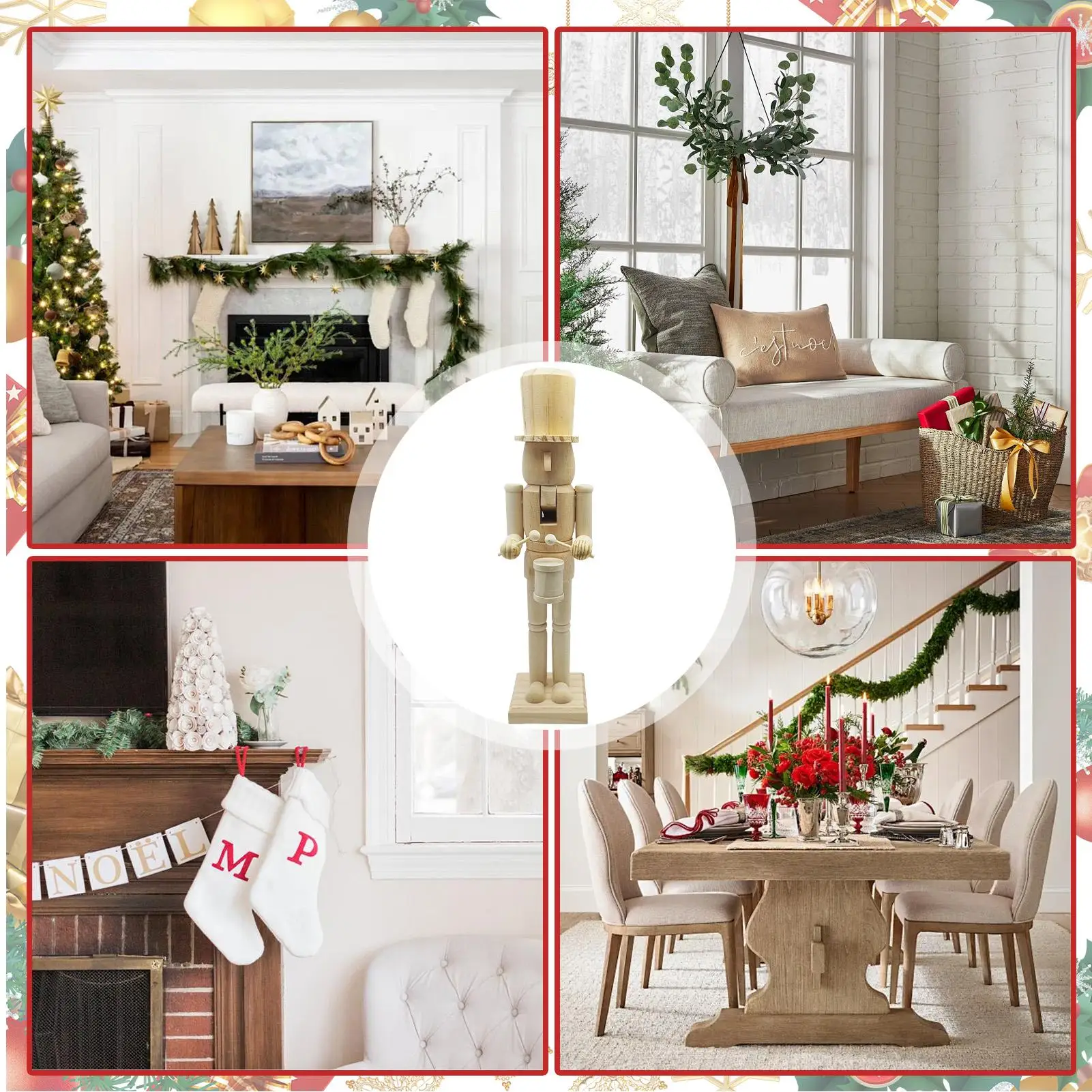 Nutcracker Decor 38cm Wooden 3D Carving Figurine Christmas Wood Nutcracker Ornament For Holiday Party Kitchen Shelf Bedroom