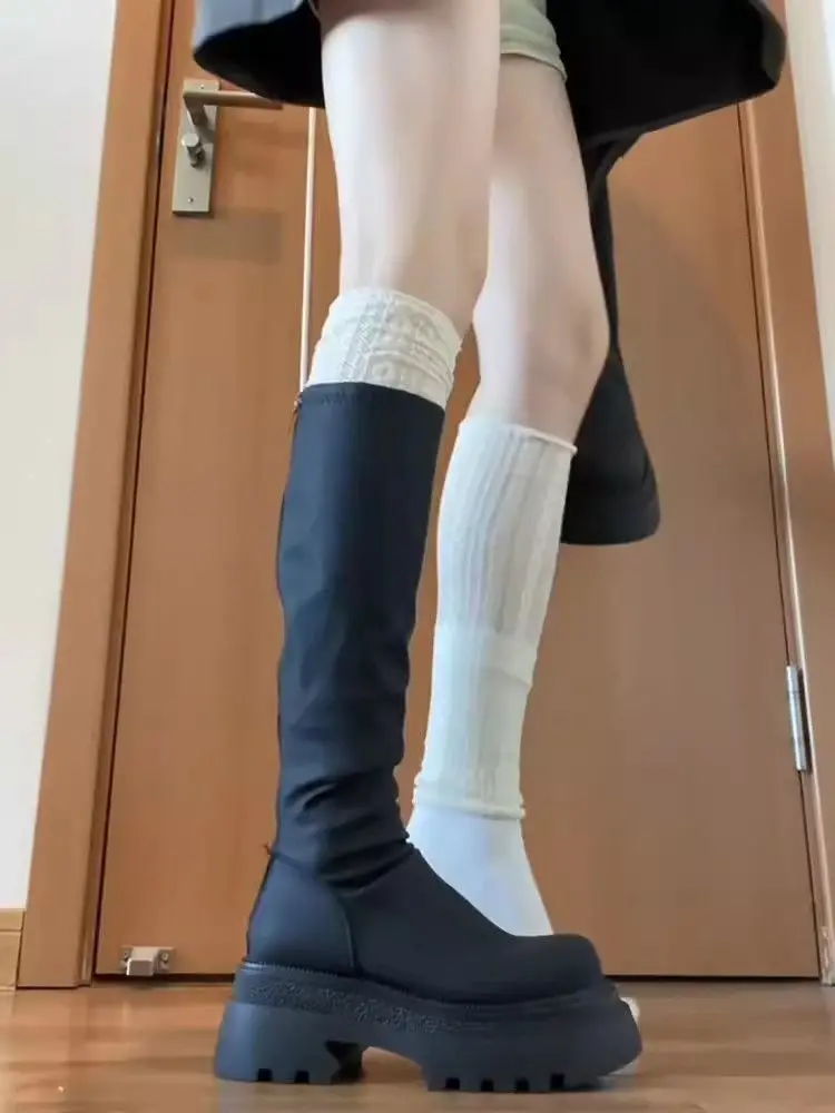 Black Platform Women's Long Boots Fashion 2025 Waterproof on Offer Demi-season New in Trend Pu Y2k Ladies Knee High Shaft Shoes