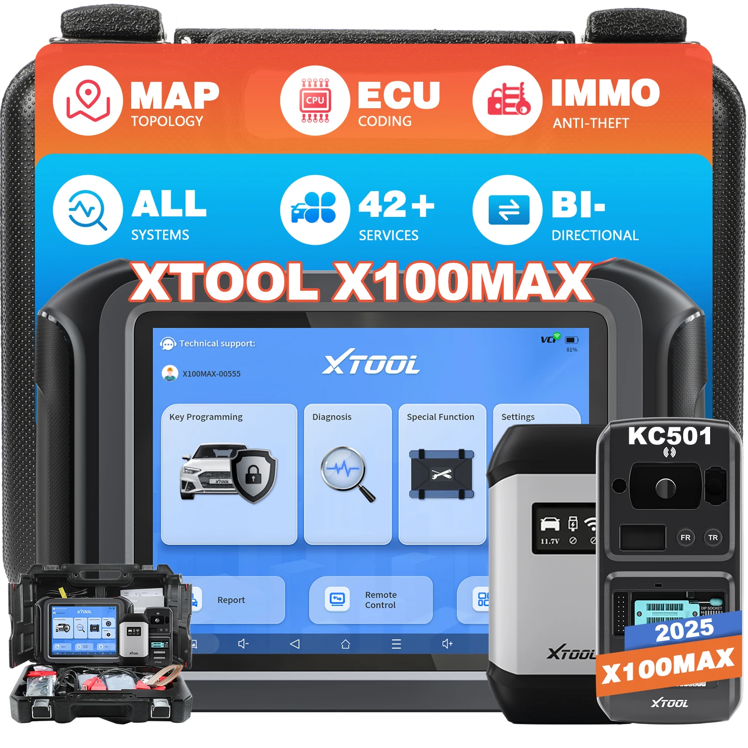 Диагностический программатор ключей XTOOL X100MAX для автомобилей, сенсорный экран 9,7 дюйма, 4G+128G, беспроводное управление, универсальное применение, модель 2026 года