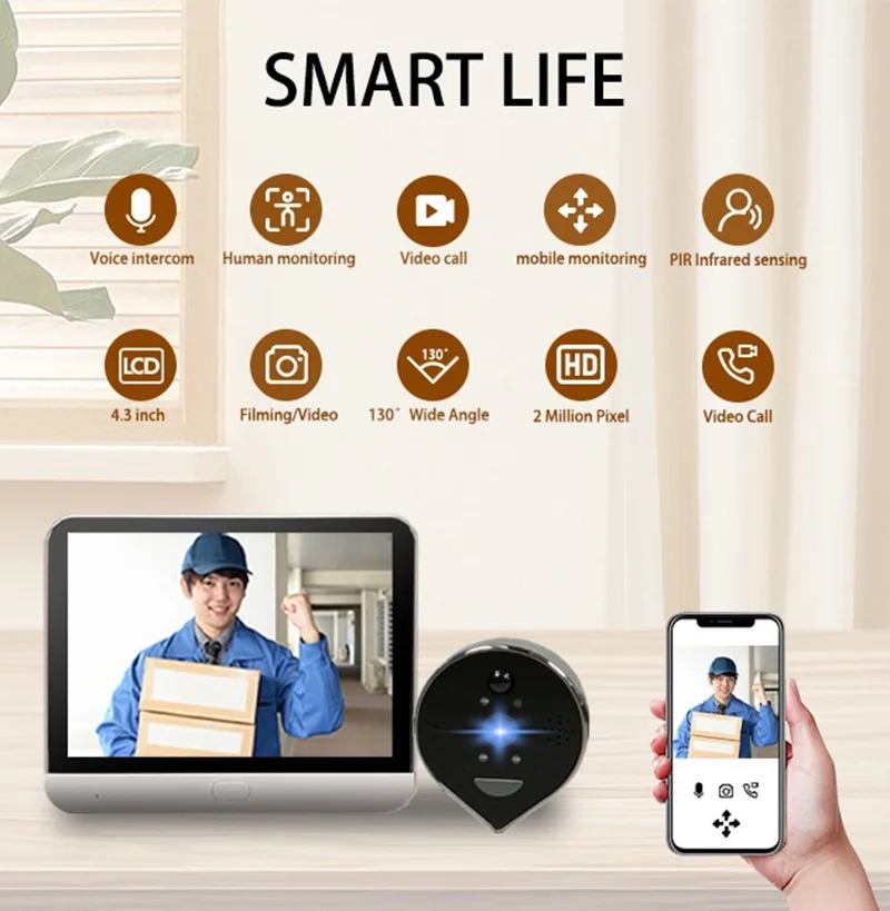 ED-500P 4.3 "Tuya 多機能のぞき穴インテリジェントビジュアルビデオドアベルドア電話アラームセキュリティカムワイヤレスコールインターホン