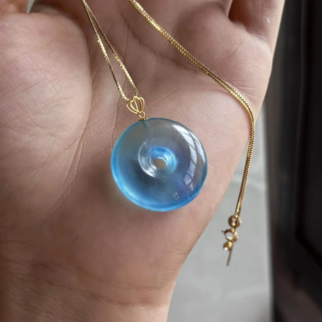 

Natural Blue Aquamarine Quartz Donut Pendant Brazil 23*6.8mm Jewelry 18K Gold Deep Blue Round Aquamarine Oval Necklace AAAAA