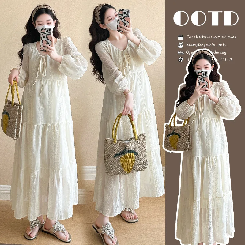 

French Style Spring Maternity Dress Elegant Loose Fit Long Sleeve Embroidered Maxi Dress Youthful Slimming for Pregnant Women