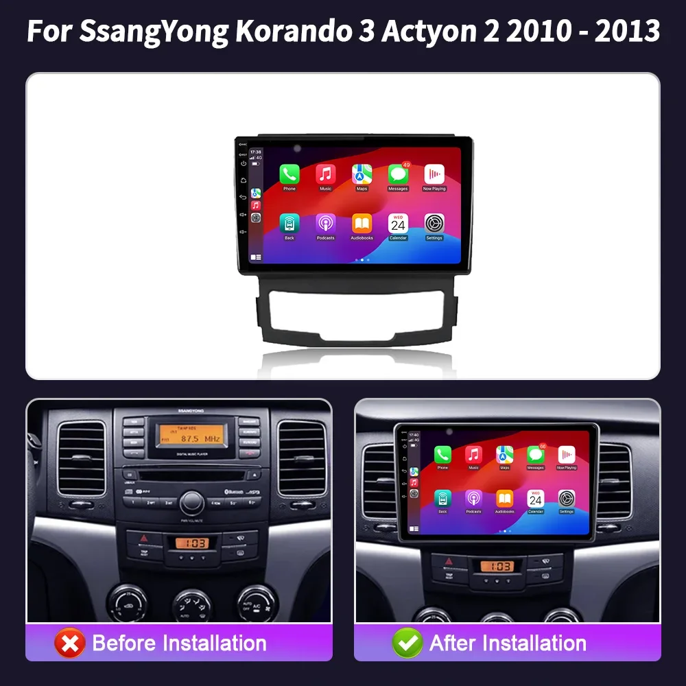 Wireless Carplay Stereo Screen 4G Android 14 For SsangYong Korando 3 Actyon 2 2010-2013 Car Radio Navigation GPS WIFI Multimedia